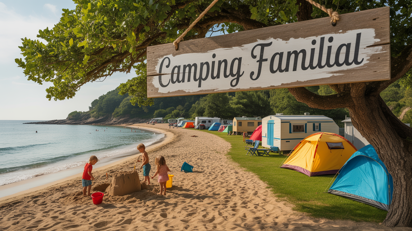 Camping familial en bord de mer l'été avec des tentes et mobil-homes