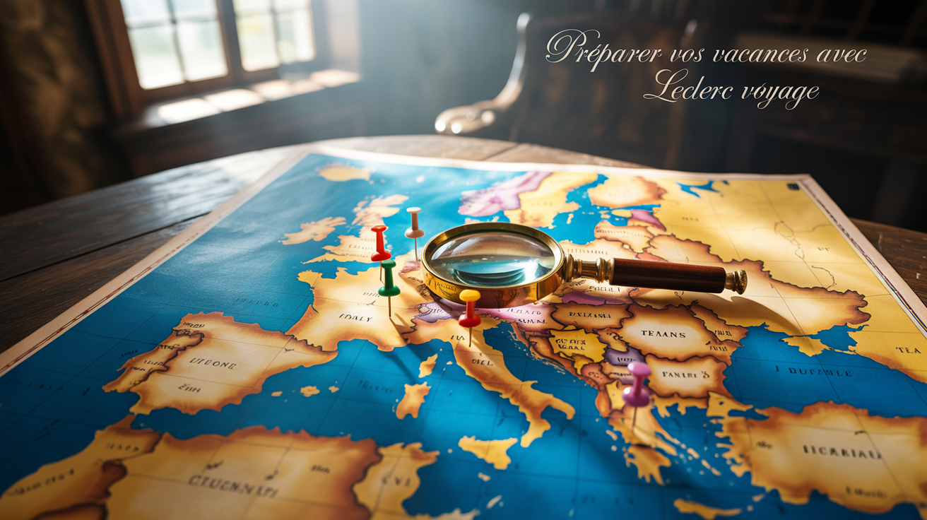 Carte de l'Europe avec une loupe et des punaises sur plusieurs pays