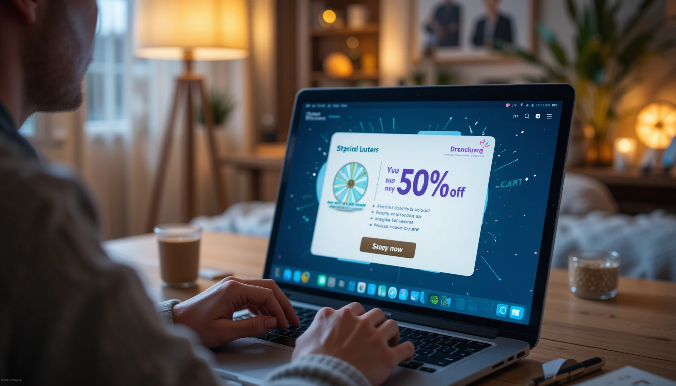 A person using a laptop with a discount code pop-up