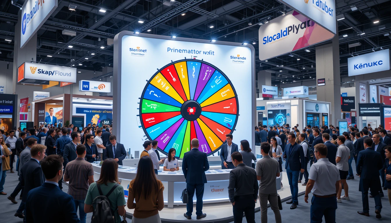 A busy trade show booth with people interacting