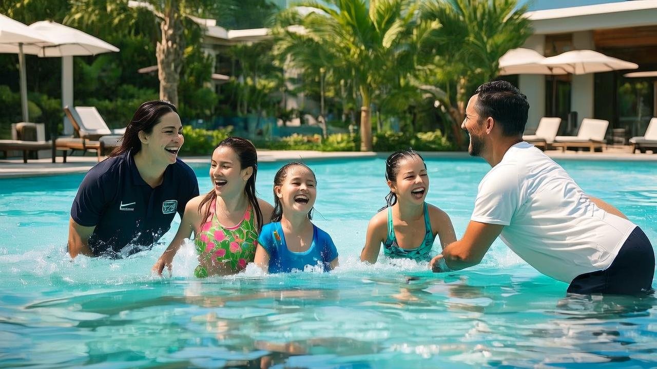 Famille souriante s'amusant sur une plage de sable fin au bord de l'eau